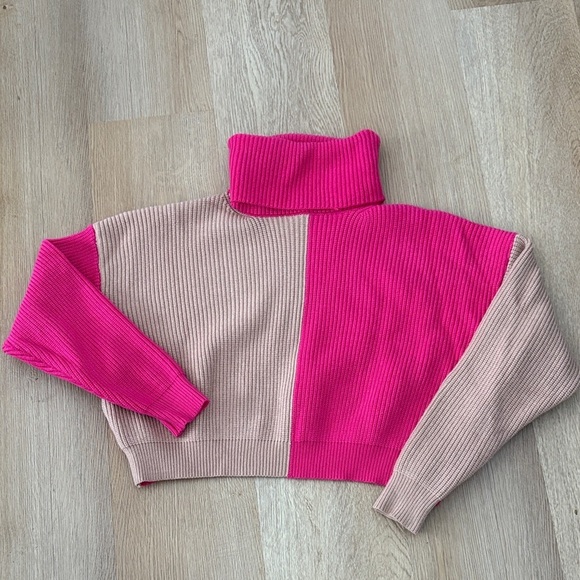 Deluc Sweaters - Deluc Colorblock Turtleneck Sweater - Pink and Tan